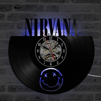 Nirvana Vinyl Záznam Hodiny Starožitný Styl Černé Závěsné LED Nástěnné Hodiny Kreativní Classic Rock Music Hodiny Módní Dekor