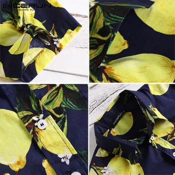 INCERUN Letní Ovoce Lemon Tisk Pánská Ležérní Tričko Klopě Krk Bavlna Volné Krátký Rukáv Havajské Košile Muži Camisa 2021 S-5XL