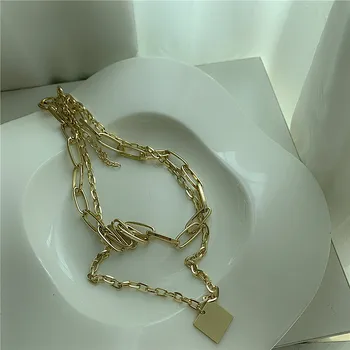 AOMU Módní Přehnané Double Vrstvy Silné Řetěz Náhrdelník Klíční kost Náměstí Geometrie Kovové Zlato Přívěskem pro Ženy, Šperky