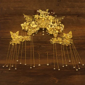 JaneVini Tradiční Čínské Starobylé Svatební Čelenku Kostým Zlaté Dlouhé Střapcem Vlásenka, Náušnice, Svatební Šperky, Vlasové Doplňky