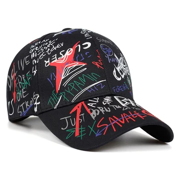 2019 nové písmeno graffiti tisk baseball cap muži a ženy, bavlna casual sluneční klobouk hip hop módní venkovní sluneční čepice táta klobouky