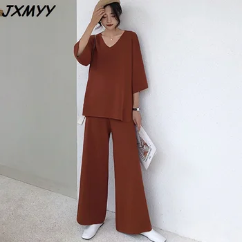 JXMYY Pletené oblek, ženy podzim 2020 nový ležérní volné otevřené pletený svetr plus velikost širokou nohu kalhoty dvoudílný oblek