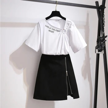 2020 Summer Dopis Tisk Nepravidelné Top tričko a Zip Mini Černá Sukně sada dámská dvoudílná sukně Sady pro ženy oblečení