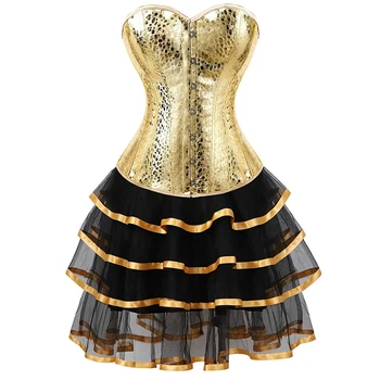 Kožený korzet bustiers sukně tutu šaty burleska plus velikosti sexy corselet overbust kostým cosplay gothic zlata s bling