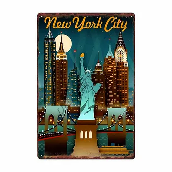 New York Plechové Cedule Vintage Wonder City Wall Art Obraz Plakáty USA Vlajka Bar Pub Retro Socha Svobody Dekor WY103