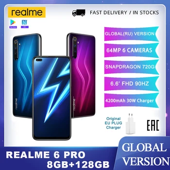 Realme 6 Pro Mobilní Telefon 6.6 inch 90Hz 64MP Cam odemknout telefon, 8GB RAM, 128 gb ROM Snapdragon 720G Smartphone 90Hz Zobrazit Mobil