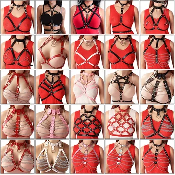 Červený Postroj Kůže Ženy Popruh Spodní Prádlo Duté Tělo V Kleci Sexy Punk Goth Crop Top Bralette Cosplay Oblečení Rave Nosit Ženy