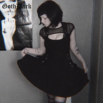 Goth Dark Vintage Gothic Punk Šaty Grunge Harajuku Estetické Podzim 2020 Mesh Obvaz Party Mini Šaty Otvor S Hlubokým Výstřihem