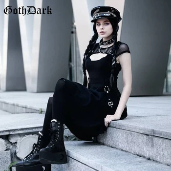 Goth Dark Vintage Gothic Punk Šaty Grunge Harajuku Estetické Podzim 2020 Mesh Obvaz Party Mini Šaty Otvor S Hlubokým Výstřihem