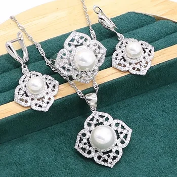 White Pearl 925 Sterling Silver Šperky sady pro Ženy Zirkon Náramek, Náušnice, Náhrdelník, přívěsek, Prsten