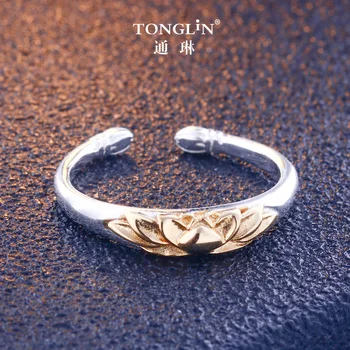 Ženy 925 Sterling Silver Zlatá Barva Prsteny Šperky Lotus Flower Prsten Pro Ženy Šperky nastavitelná velikost