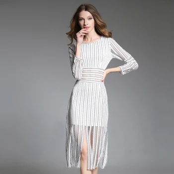 Nové Podzimní Značky Značkové Bílé Krajky Dráhy Šaty 2018 Ženy Elegantní Pruhované Střapcem Slim Bodyccon Party Šaty