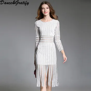 Nové Podzimní Značky Značkové Bílé Krajky Dráhy Šaty 2018 Ženy Elegantní Pruhované Střapcem Slim Bodyccon Party Šaty