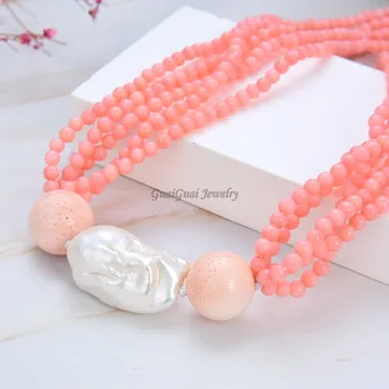 GuaiGuai Šperky 22mm Kultivované Nucleated Korálek Whtie Pearl pink Coral Náhrdelník 20