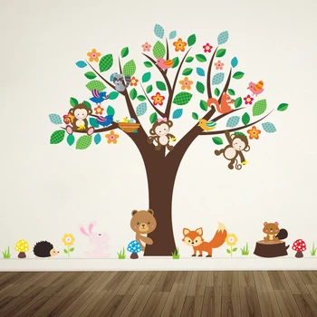 Lesní Opice, Medvěd Hrát Pod Strom Samolepky Na Zeď Pro Děti Pokoje, Školky, Domů Dekor Kreslených Zvířat Zeď Obtisk Pvc Nástěnné Umění