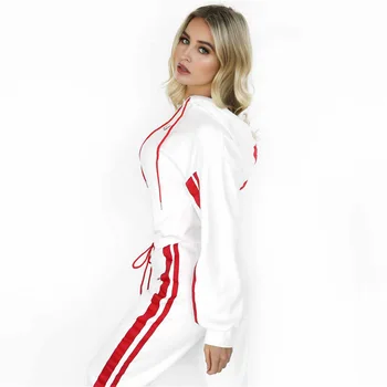 Podzim 2 Ks Trainning Nastavit Ženy, Sportovní Ležérní Bílé Červené Pruhované Kalhoty Mikina S Kapucí Fitness Oblečení