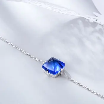 E Autentické 925 Sterling Silver Řetězec Náramky pro Ženy Modrý Čtverec Crystal Odkaz Náramek Jednoduché Geometrie Elegantní Šperky