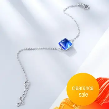 E Autentické 925 Sterling Silver Řetězec Náramky pro Ženy Modrý Čtverec Crystal Odkaz Náramek Jednoduché Geometrie Elegantní Šperky