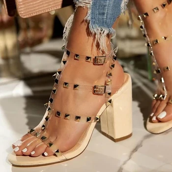 Dámské Sandály 2020 Letní Nýt PVC Vysoký Podpatek Ženy Boty Venkovní Divoké Hostiny Přezůvky Neformální Flip Flop Spony Módní Sandál