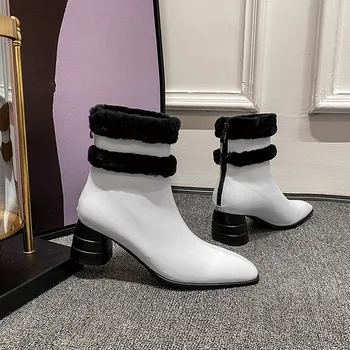Mstacchi Černé Bílé Barvy Odpovídající Zpět Zip Dámské Kotníkové Boty Špičaté Klasické Módní Plyšové Dámské Boty Botas Para Mujer
