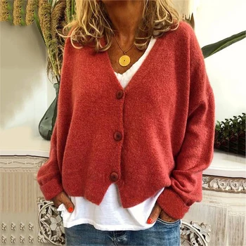 Podzimní a zimní módní ležérní volné plná barva tlačítko svetr top pletený svetr žen