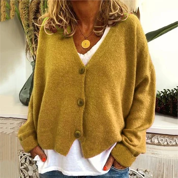 Podzimní a zimní módní ležérní volné plná barva tlačítko svetr top pletený svetr žen