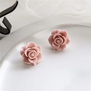 Roztomilé Pryskyřice Růžové Růže Stud Náušnice Vyřezávané Květina 3D Náušnice Denní Šperky, Dárky k Narozeninám Korea Náušnice pro Ženy