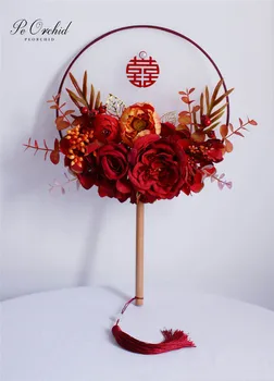 PEORCHID Klasické Šampaňské Svatební Ventilátor Kytice flor Umělé Čínské Vintage Palace Kolo Ruční Ventilátor Brož Svatební Kytice