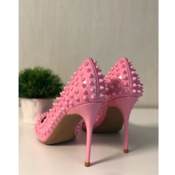 12 cm lodičky růžové dámské boty nýty žena strany boty nevěsta, dámy strana boty vysoké podpatky plus velikosti 8cm 10cm MD019 ROVICIYA