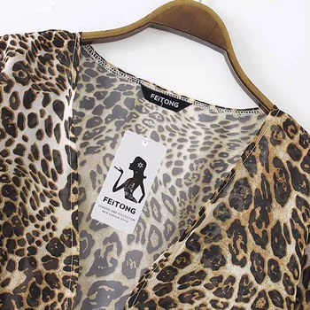 Plus Velikost Letní Halenka Ženy Šifon Šátek Leopard Tisk Kimono Svetr Horní Loose Ležérní Plážové oblečení Zakrýt Halenka /PT