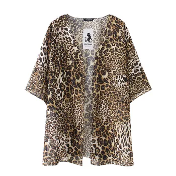 Plus Velikost Letní Halenka Ženy Šifon Šátek Leopard Tisk Kimono Svetr Horní Loose Ležérní Plážové oblečení Zakrýt Halenka /PT