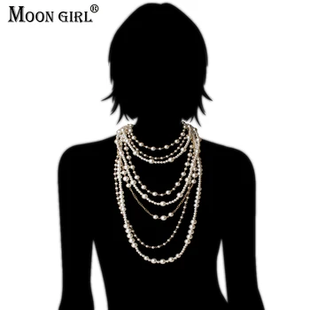 2017 Nový MĚSÍC DÍVKA Multi-vrstvy Simulované Perly Řetěz Dlouhý Náhrdelník Módní Prohlášení náhrdelník Náhrdelník pro ženy Módní Šperky