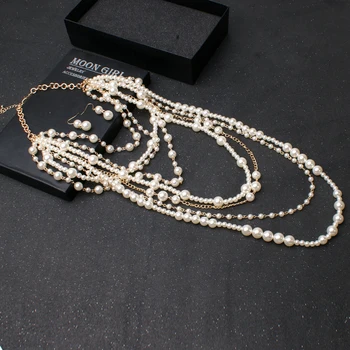 2017 Nový MĚSÍC DÍVKA Multi-vrstvy Simulované Perly Řetěz Dlouhý Náhrdelník Módní Prohlášení náhrdelník Náhrdelník pro ženy Módní Šperky