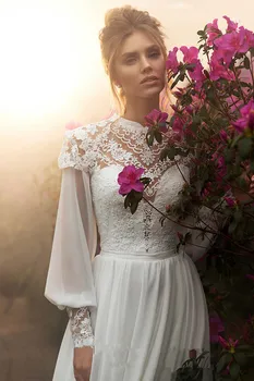 Boho Šifon Svatební Šaty Dlouhé Nadýchané Rukávy Elegantní Krajky Bohémský Svatební Šaty arabština Vintage vestido de noiva svatební Šaty