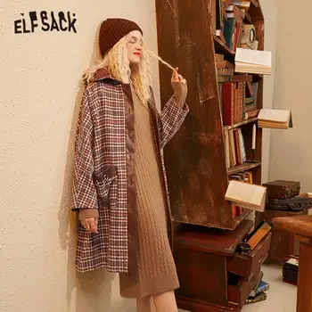 ELFSACK Houndstooth Britský Singl Prsy Rovně Vlněné Kabáty Žen,2020 Podzim Vintage Korean Ležérní Dámské Teplo Vynosit