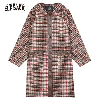 ELFSACK Houndstooth Britský Singl Prsy Rovně Vlněné Kabáty Žen,2020 Podzim Vintage Korean Ležérní Dámské Teplo Vynosit