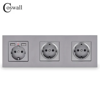 COSWALL 3 Gang Wall EU Zásuvka Uzemněna + Dual USB Nabíjecí Port S Skryté Měkké LED Indikátor, Černé Bílé Zlato panel PC