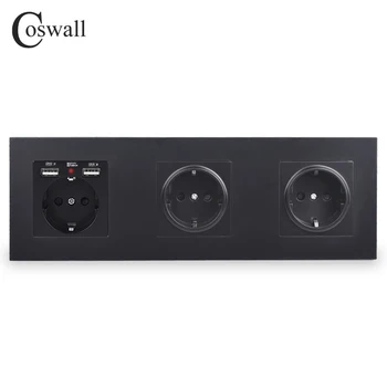 COSWALL 3 Gang Wall EU Zásuvka Uzemněna + Dual USB Nabíjecí Port S Skryté Měkké LED Indikátor, Černé Bílé Zlato panel PC