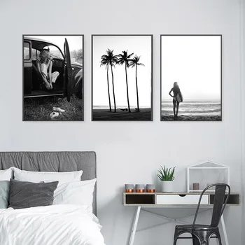 Černá Bílá Zeď, Umělecké Plátno, Tisk Plakátů Seascape Beach Girl Prkno Obraz Krajiny Tropické Palm Obraz Domova