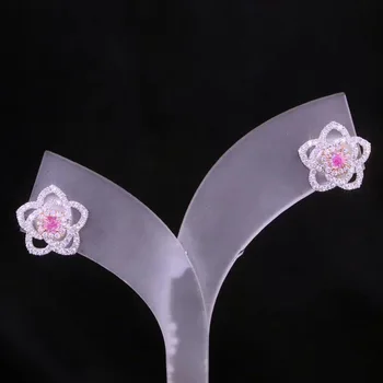 Roztomilý Stříbrná Barva Květina s Bling Růžový Zirkon Kámen pro Ženy Módní Šperky korejské Náušnice
