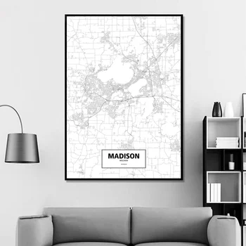 Madison, Wisconsin, Spojené Státy Americké Black White Vlastní Svět, Mapa Města, Plakát, Tisk Na Plátno Nordic Styl Wall Art Home Dekor