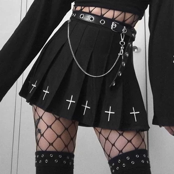 Temné Gothic Cross Výšivky Sukně Ženy Harajuku Punk Vysokým Pasem Skládaná Sukně Grunge Styl Ins Korejská Černá Mini Sukně Holky