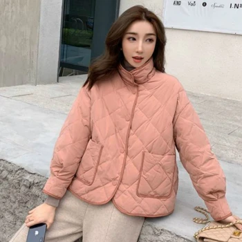 Krátký Styl Bundy Dámské Korejská Verze Volné Zimní Harajuku Patchwork Single Breasted Kapsy Volný Čas, Kabáty Femme Módní Doplňky