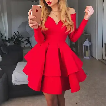 2019 Jaro Ženy Elegantní Stylové Módní Dovolenou Bez Ramínek Koktejlové Mini Šaty Off Rameno Vrstvené Volánky Červená Party Šaty
