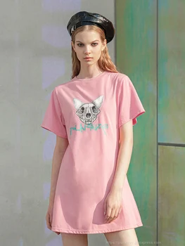 PUNK RAVE Dívka je Léto Kočičí Hlavy Vytištěno Strečové Pletené Šaty Volné v Pase Zeštíhlující Ležérní Dlouhé tričko Šaty Ženy