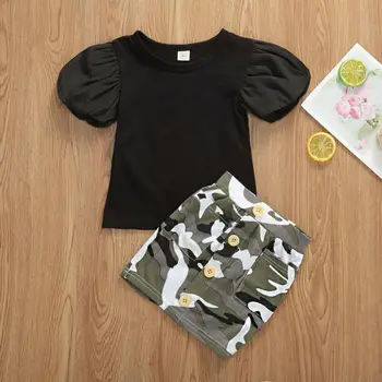 Nové 2KS Batole Děti Camo Oblečení Nastavit Letní Baby Girl Krátký Rukáv Topy Kamufláž Sukně Oblečení