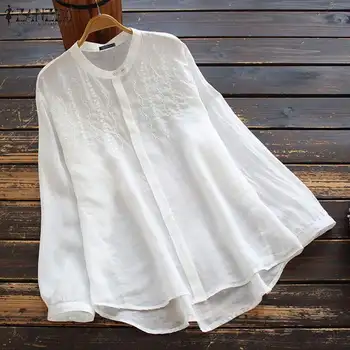 ZANZEA Jarní Vintage Shirt Ženy Výšivky Halenka Ležérní Elegantní Dlouhý Rukáv Tlačítka Blusas Plus Velikost Volné Pevné Pracovní Desky