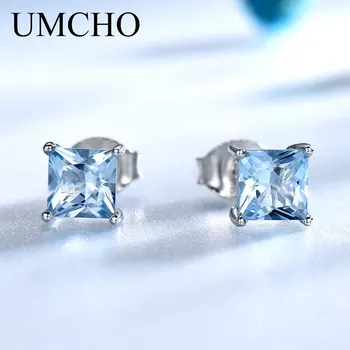 UMCHO Real 925 Sterling Silver Stud Náušnice pro Ženy Princezna-cut Sky Blue Topaz Náušnice Jemné Šperky Modrá, Drahokam, Dar, Nový