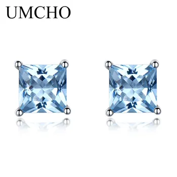 UMCHO Real 925 Sterling Silver Stud Náušnice pro Ženy Princezna-cut Sky Blue Topaz Náušnice Jemné Šperky Modrá, Drahokam, Dar, Nový
