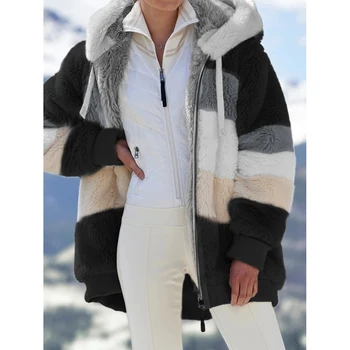 2020 Zimní dámský Kabát Módní Ležérní Kostkované Šití dámských Šatů s Kapucí na Zip Dámy Kabát Jehněčí Vlasy ženy bunda